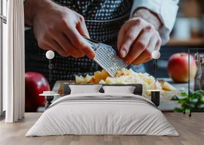 preparing a dessert of apples. Using a grater in his hands, the chef grinds a fresh apple on a kitchen board. Wall mural