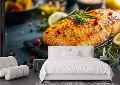 Salmon baked with veggies, lemon, and rosemary. Recipe. Fish. An angled view Allow room for text.
 Wall mural