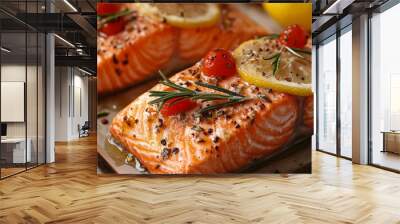 Salmon baked with veggies, lemon, and rosemary. Recipe. Fish. An angled view Allow room for text.
 Wall mural