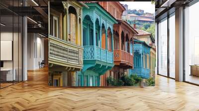 The Old Town of Tbilisi, Georgia, features bright wooden buildings with traditional carved balconies. Sololaki  Wall mural