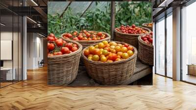 Various varieties of tomatoes in baskets by the greenhouse. gathering tomatoes. Wall mural