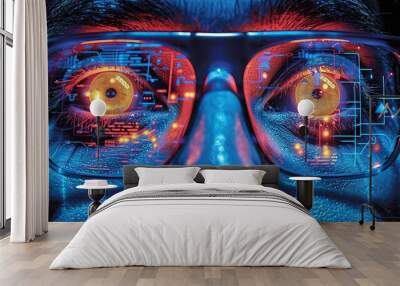 A close up of a man wearing glasses with a circuit board pattern. Wall mural