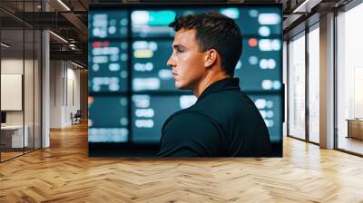 A focused individual stands in front of multiple screens, analyzing data and trends, embodying concentration and engagement in a tech-driven environment. Wall mural