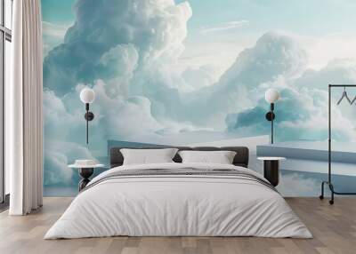 A sleek white display platform, emerging from a sea of soft blue clouds Wall mural