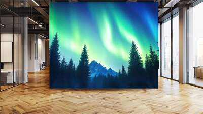 A stunning display of the northern lights illuminating a starry sky over majestic mountains and lush evergreen trees. Wall mural