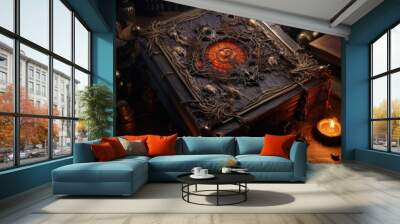 An ancient spell book with a glowing orange symbol on the cover Wall mural