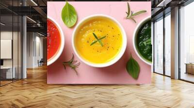 An artistic arrangement of mini bowls of vegetable cream soups, set against a uniform, light-colored background, broad negative space for text. Wall mural