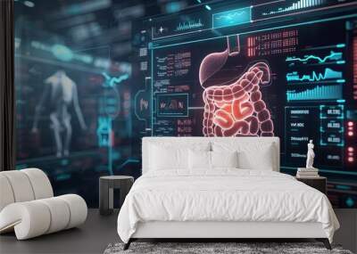 An Xray image of the human gastrointestinal tract displayed on a medical monitor, surrounded by digital sythwave elements, highlighting advanced diagnostic technology Wall mural