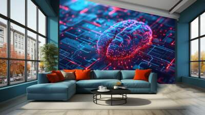 Artificial intelligence brain interface from top view  A digital brain connected to computers, representing connectivity in futuristic tone with a Tetradic color scheme Wall mural