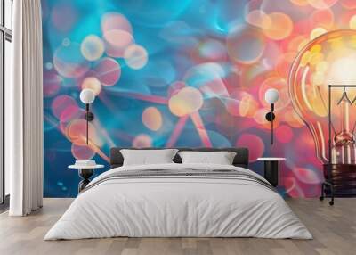 Bright Idea: A glowing lightbulb with colorful abstract background, representing creativity, innovation, and inspiration. Wall mural