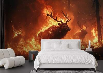 Forest Inferno: Wildlife Fleeing Wildfire Wall mural