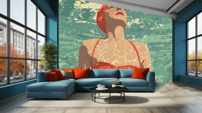 retro illustration of a woman playful swimming Wall mural