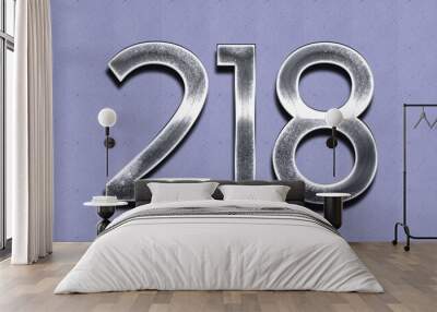 3D Chrome number design of 218 on purple wall.	 Wall mural