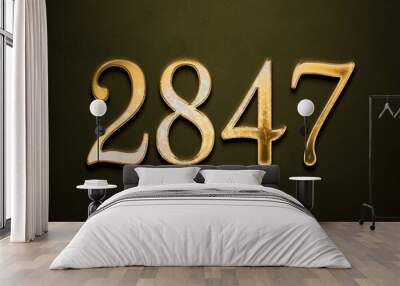 Old gold effect of 2847 number with 3D glossy style Mockup.	 Wall mural