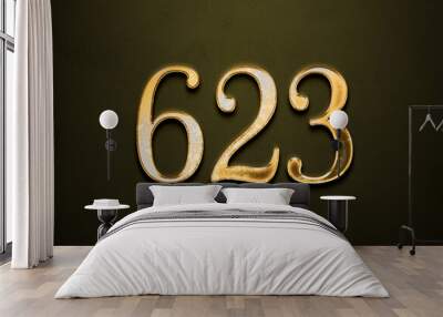 Old gold effect of 623 number with 3D glossy style Mockup.	 Wall mural