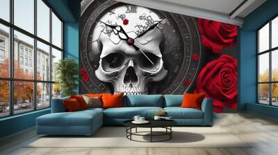 3795015592-mdjrny-v4 style human skull with red roses, clock, black raven  Wall mural