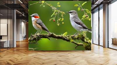 589366940-mdjrny-v4 style USA, 3973926452- Two small light birds sit on a tree branch against the background of green foliage__  Wall mural