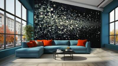 A minimalist abstract artwork with a dark background and a scattered array of tiny squares The squares vary in shades of gray Wall mural