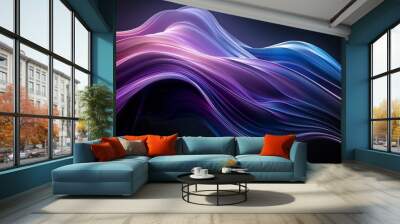 Abstract composition featuring a vertical gradient from dark  brown to purple and then blue, set on a black background. Abstract curved lines at different heights add depth and texture. Wall mural