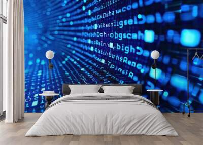 Backdrop of intricate code against a deep blue canvas. Amidst this digital landscape. Wall mural