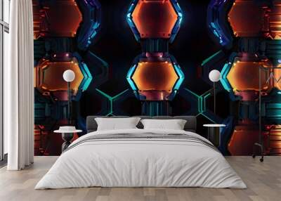 Abstract background hexagon pattern with glowing lights - Generative AI Wall mural