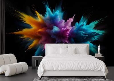 Blue sky color powder explosion on black background Generative AI Wall mural