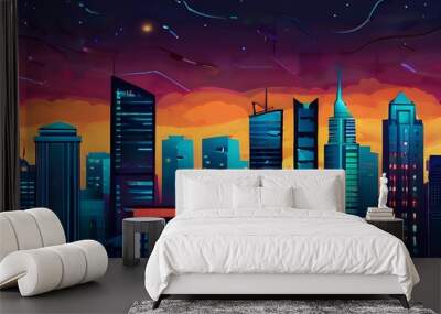 skyline blue urban background illustration modern vibrant, hipster trendy, artistic cool skyline blue urban background Generative AI Wall mural