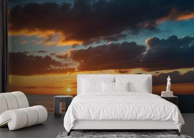 Sunset or sunrise moment over the ocean with sun touching the horizon line on the water - romantic and touristic concept for travel vacation background Generative AI Wall mural