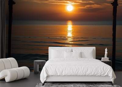 Sunset or sunrise moment over the ocean with sun touching the horizon line on the water - romantic and touristic concept for travel vacation background Generative AI Wall mural