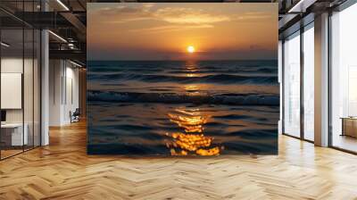 Sunset or sunrise moment over the ocean with sun touching the horizon line on the water - romantic and touristic concept for travel vacation background Generative AI Wall mural