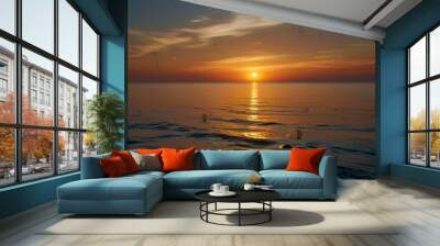 Sunset or sunrise moment over the ocean with sun touching the horizon line on the water - romantic and touristic concept for travel vacation background Generative AI Wall mural