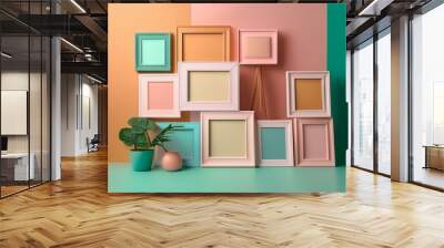 Bold pastel composition with minimalist arrangement of empty photo frames. Wall mural