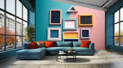 Bold pastel composition with minimalist arrangement of empty photo frames. Wall mural