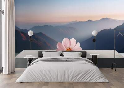 Concrete podium with delicate flower in a minimalist room with mountain vista. Wall mural