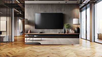 Modern living room with black TV frame on textured wall, abstract art, and minimalist furniture. Wall mural