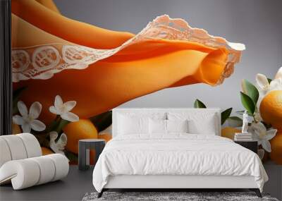 Orange silk cloth with lace edges floating above orange blossoms. Wall mural