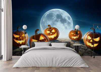 Playful jack-o'-lanterns dancing in a circle under the moon. Wall mural