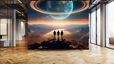 Two figures stand on a mountain peak overlooking a vast, dreamlike landscape with a ringed planet in the sky. Wall mural