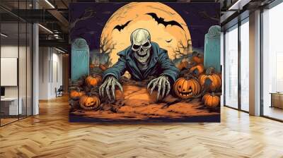 Vintage illustration of pumpkin zombie emerging from grave. Wall mural