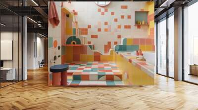 photograph of A family-friendly bathroom with colorful tiles, step stools for children, and playful wall decals, making it fun and functional for kids. Wall mural