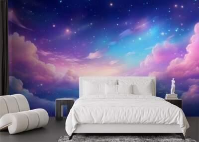 A heavenly clear sky of bright blues, purples, and pinks with ethereal, misty fluffy clouds with sparkles and copy space Wall mural