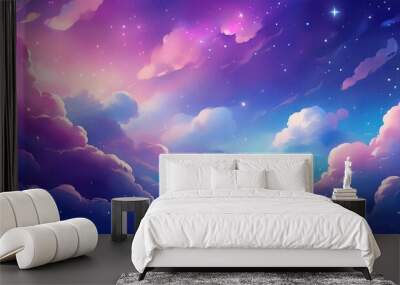 A heavenly clear sky of bright blues, purples, and pinks with ethereal, misty fluffy clouds with sparkles and copy space Wall mural