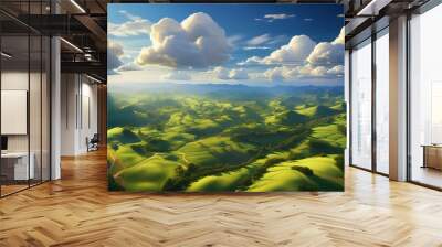 Aerial view of fluffy white clouds over a lush green landscape, with the sun casting long shadows Wall mural