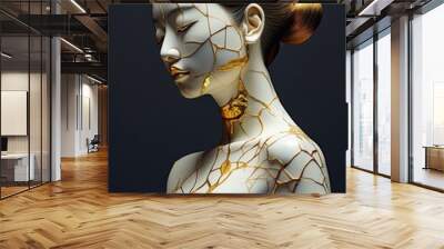 Cracked Yet Strong- A female figure with visible cracks filled with gold, symbolizing the Japanese art of Kintsugi, where broken pottery is repaired with gold, representing strength in vulnerability Wall mural