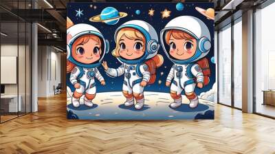 Cute little children astronaut cartoons in space Wall mural