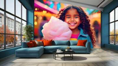 Illustration of a cute little girl smiling with a pink cotton candy in hand in front of a festive background  Wall mural