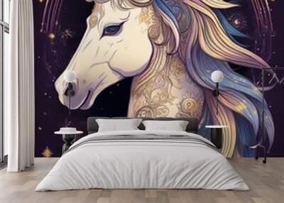 Spirit Animals- vertical illustration of Unicorn represented as spirit animal, embodying trait strength, wisdom, purity, with cultural symbols incorporated into the design Wall mural