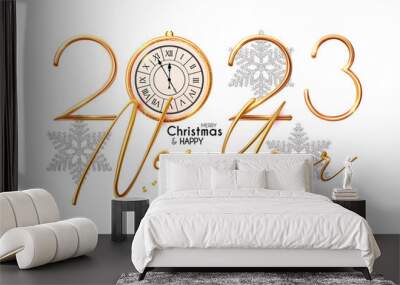 Happy 2023 New Year Elegant Christmas congratulation with 3D realistic gold metal text Wall mural