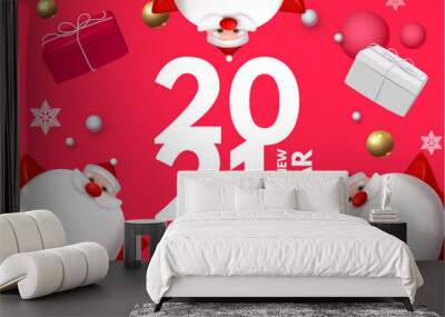 Happy New 2021 Year design template with 3D elements Santa Claus, gifts, snowflakes and balls. Wall mural