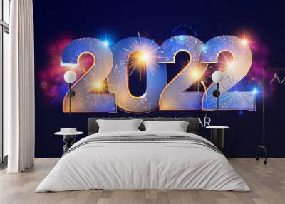 Happy new 2022 year Elegant text with light effect and fireworks. Wall mural